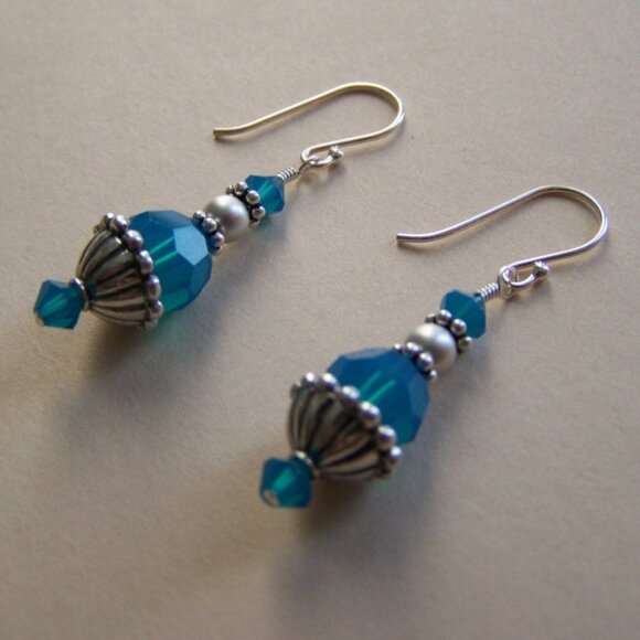 OOAK NEW Sterling Caribbean Blue Crystal Earrings - Picture 3 of 5